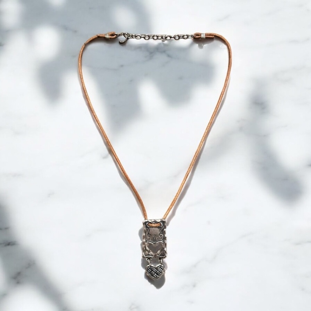 Barse amazing shape rare vintage tan leather cord open heart square necklace